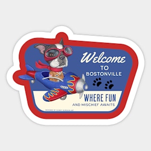 Funny Boston Terrier flying to Bostonville, USA Sticker